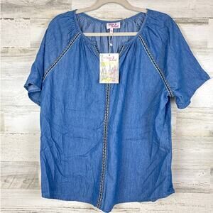 Anthropologie Hester & Orchard Womens Large Blue Embroidered Short SleeveTop NEW